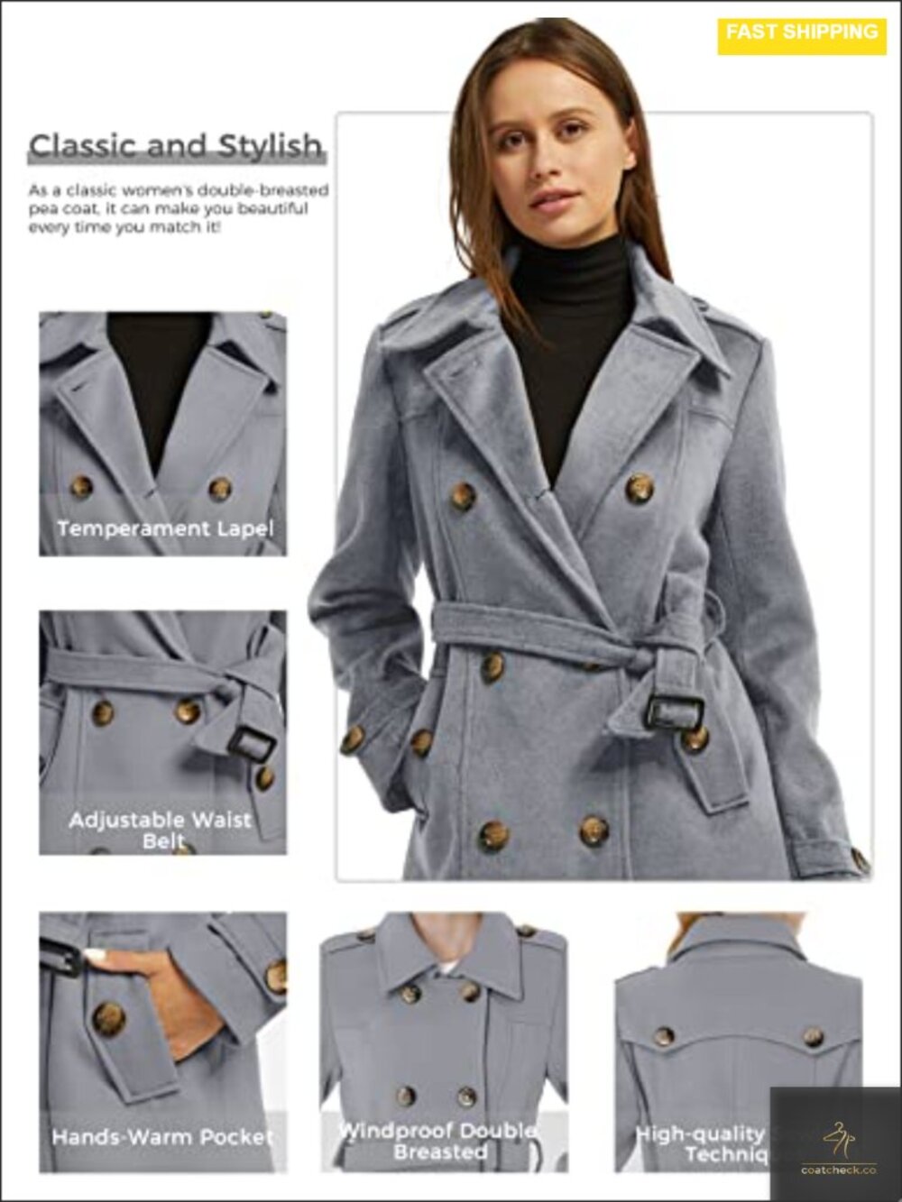 Women's Double Breasted Pea Coat Winter Mid-Long Trench Coat Lapel Collar - Picture 4 of 5